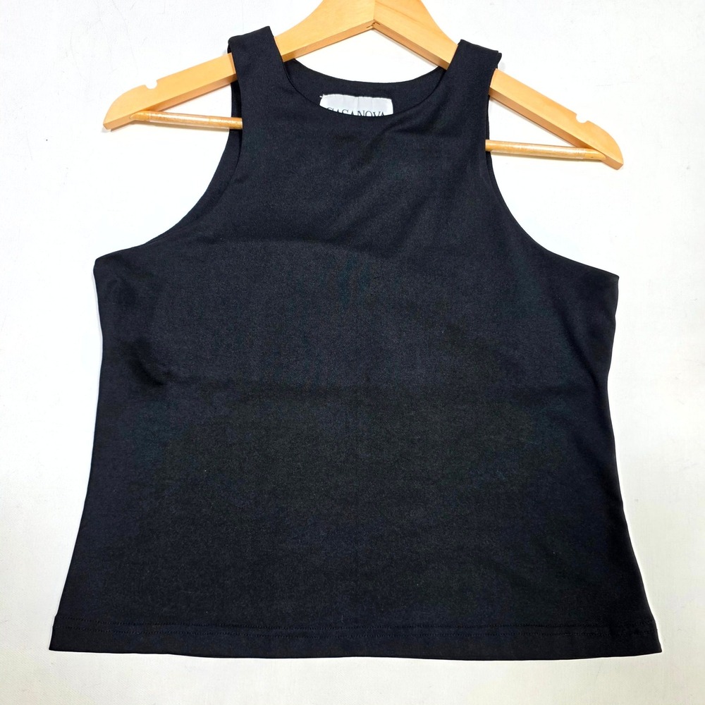 Casanova Tank Top Womens Large Black High Neck Sleeveless Racerback Basic Sleek